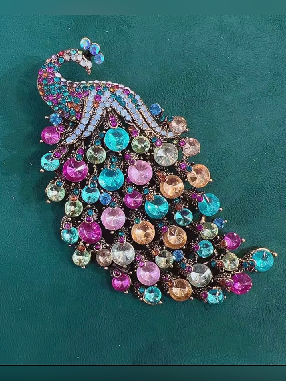 Rainbow Crystal Peacock Brooch – Jeweled Bird Pin Colorful Glam Accessory - Picture 4 of 5